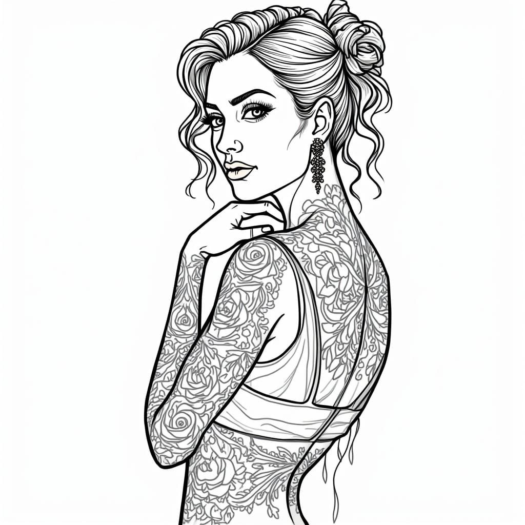 Tattooed Woman Coloring Page in Old School Style