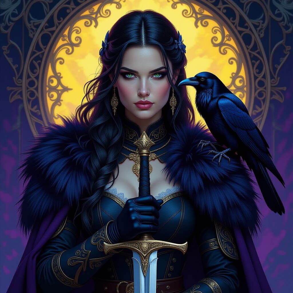 Nordic Warrior Woman in Fur Armor with Raven Companion