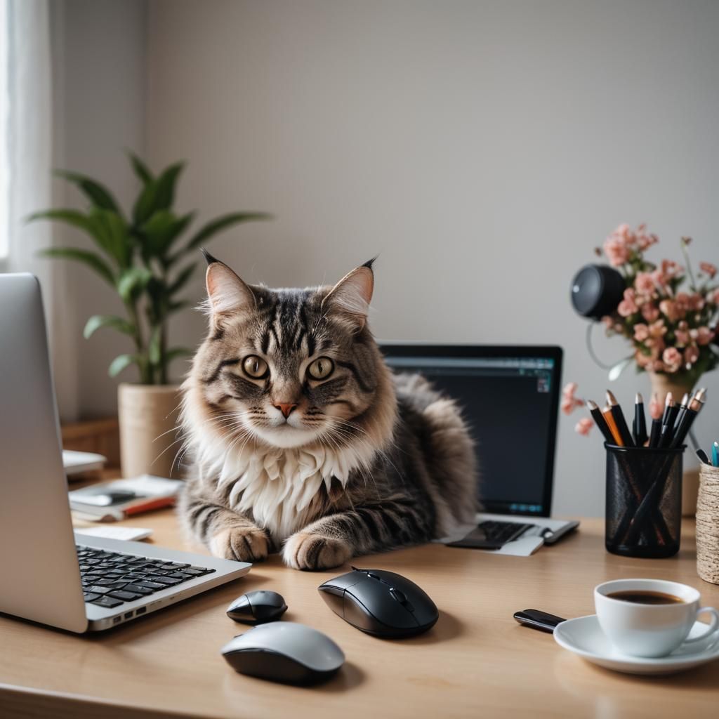 Cozy Desk Scene with Cat in Professional Photo