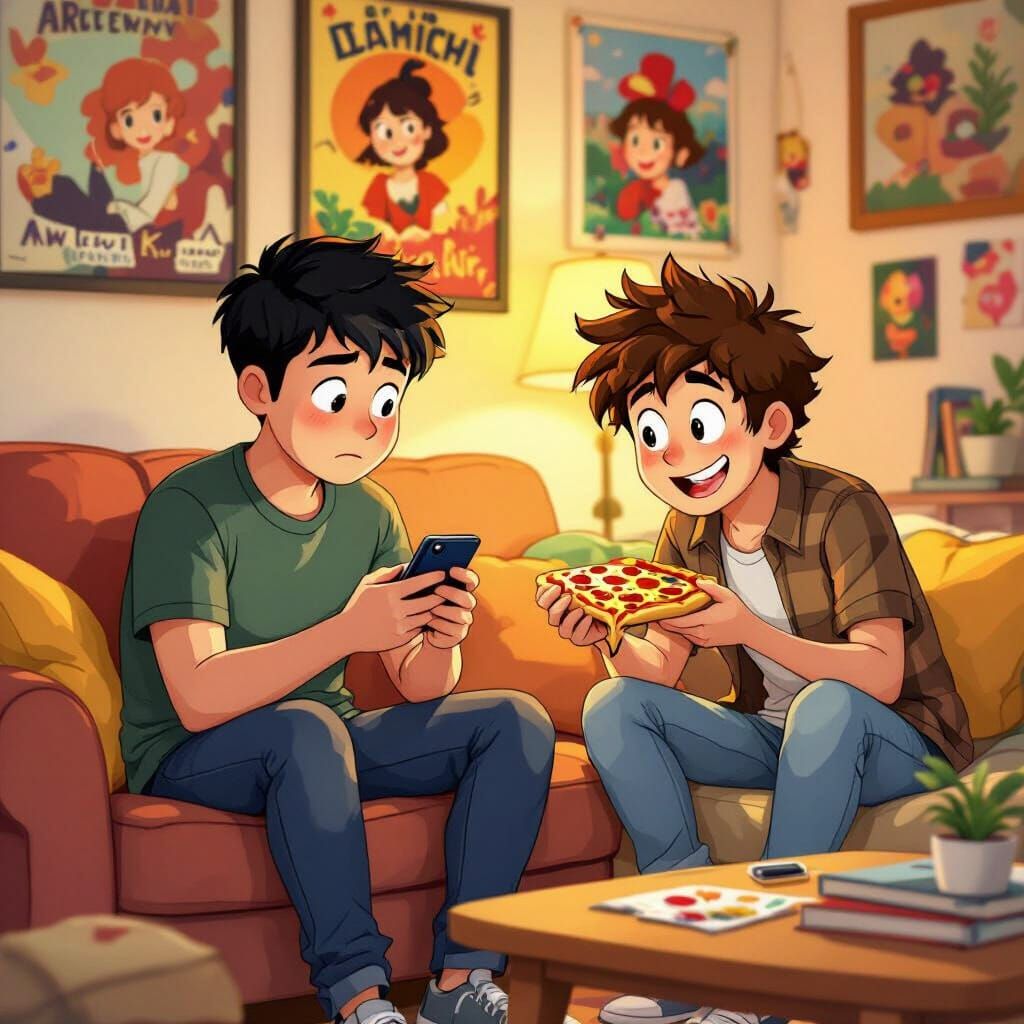 Mischievous Friend Steals Pizza in Cartoon Living Room
