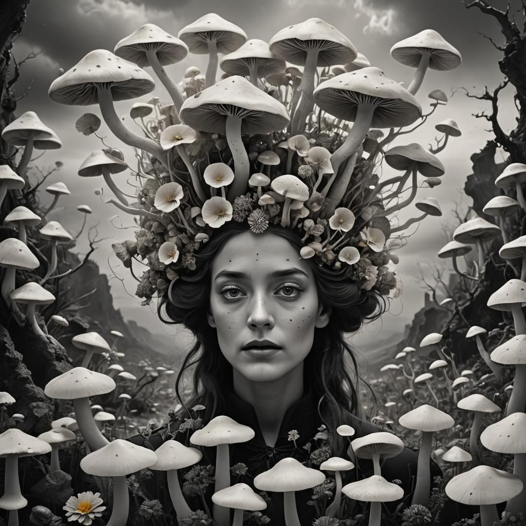Surreal Head with Fungi in Desolate Landscape