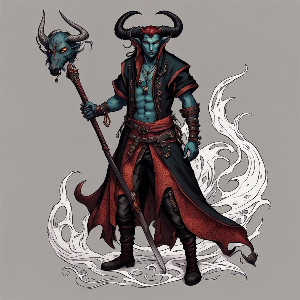 Tiefling Pirate Barbarian with Obsidian Skin and Runes