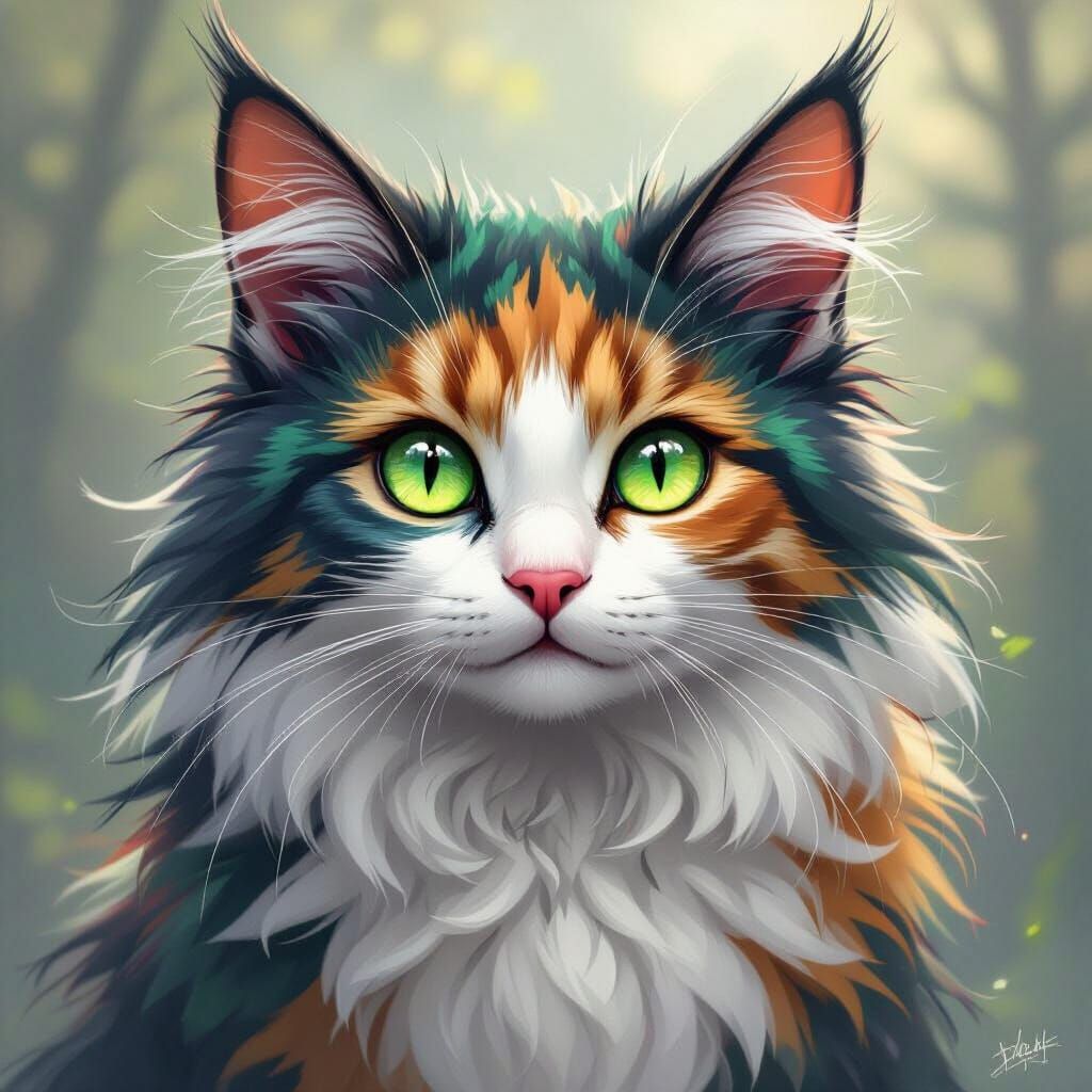 Majestic Chimera Cat with Green Eyes in Digital Painting