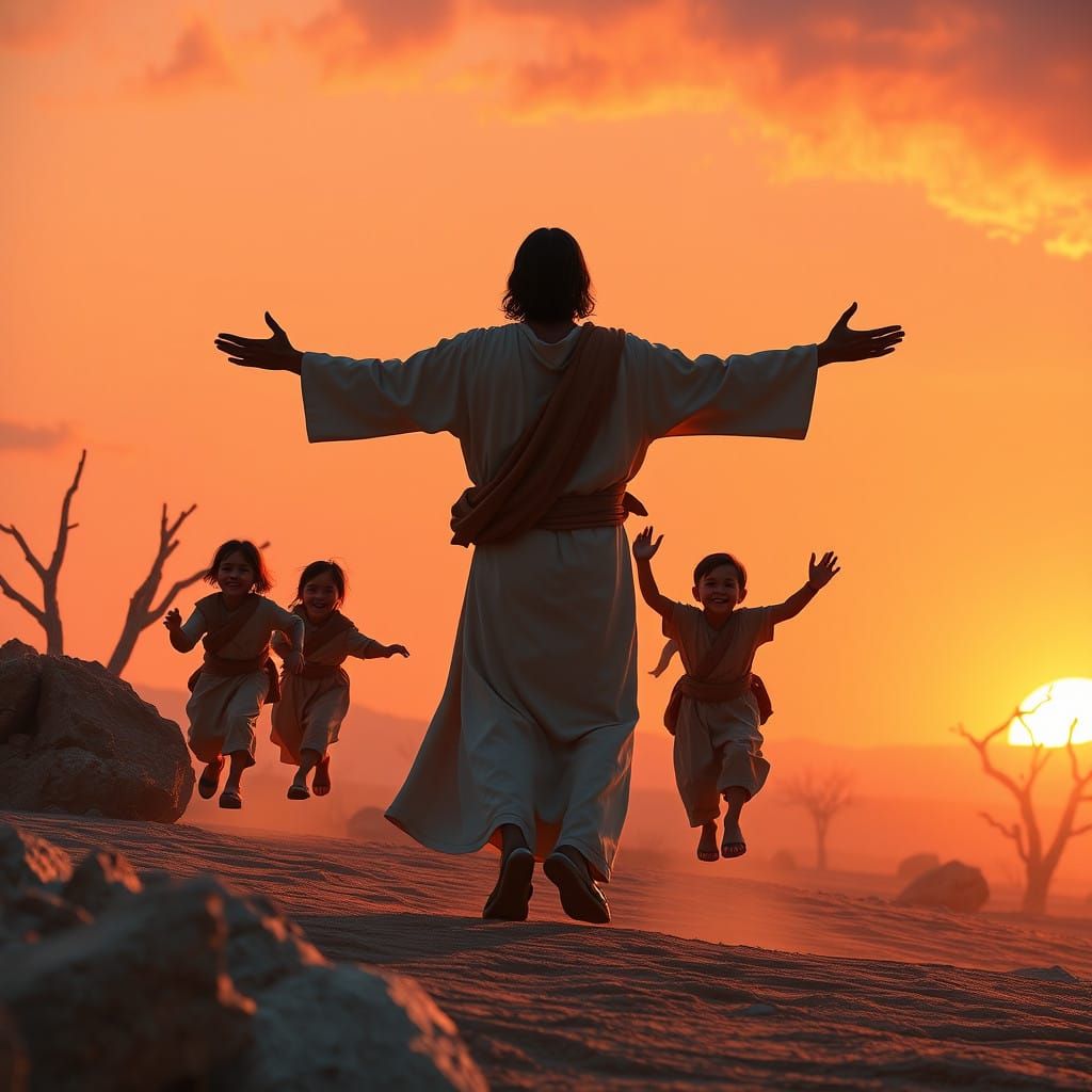 Jesus Welcoming Children in Ancient Desert Landscape