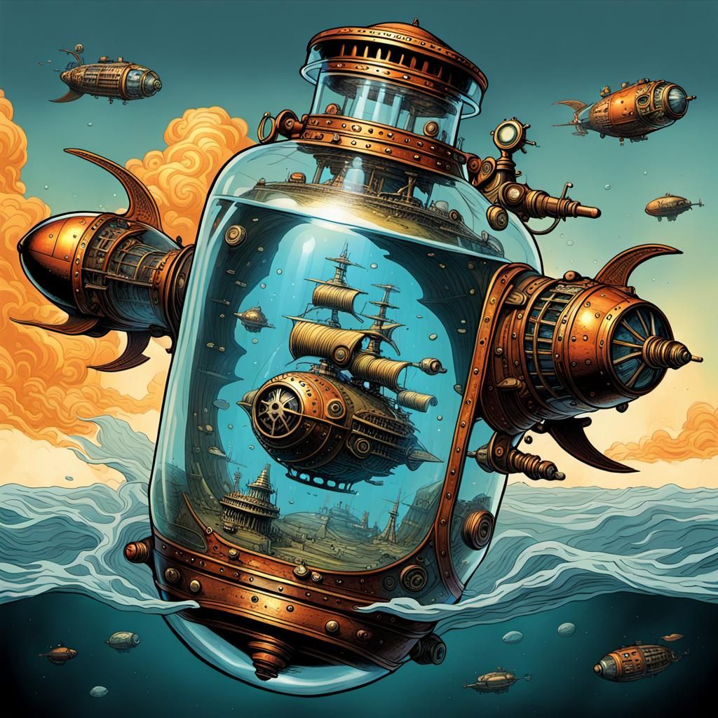 Steampunk space ship in a bottle