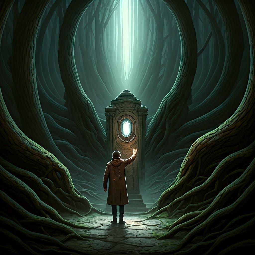 Surreal Figure Contemplates the Consequences of Temptation i...