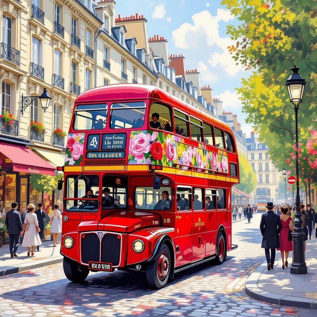 Parisian Cityscape with Floral Bus, Impressionist Style