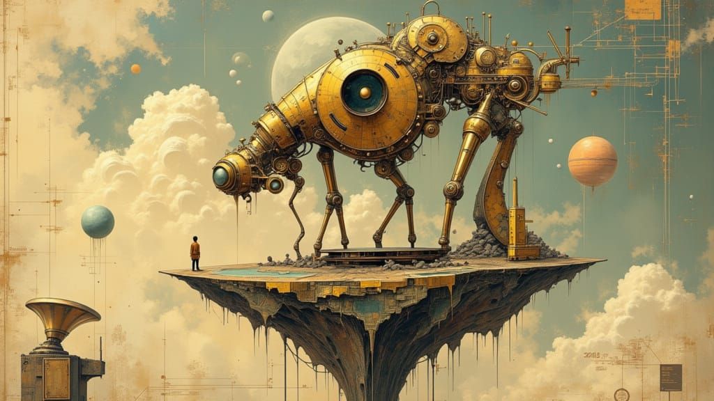 Brass Robot on Gramophone Island in Nebula Sky