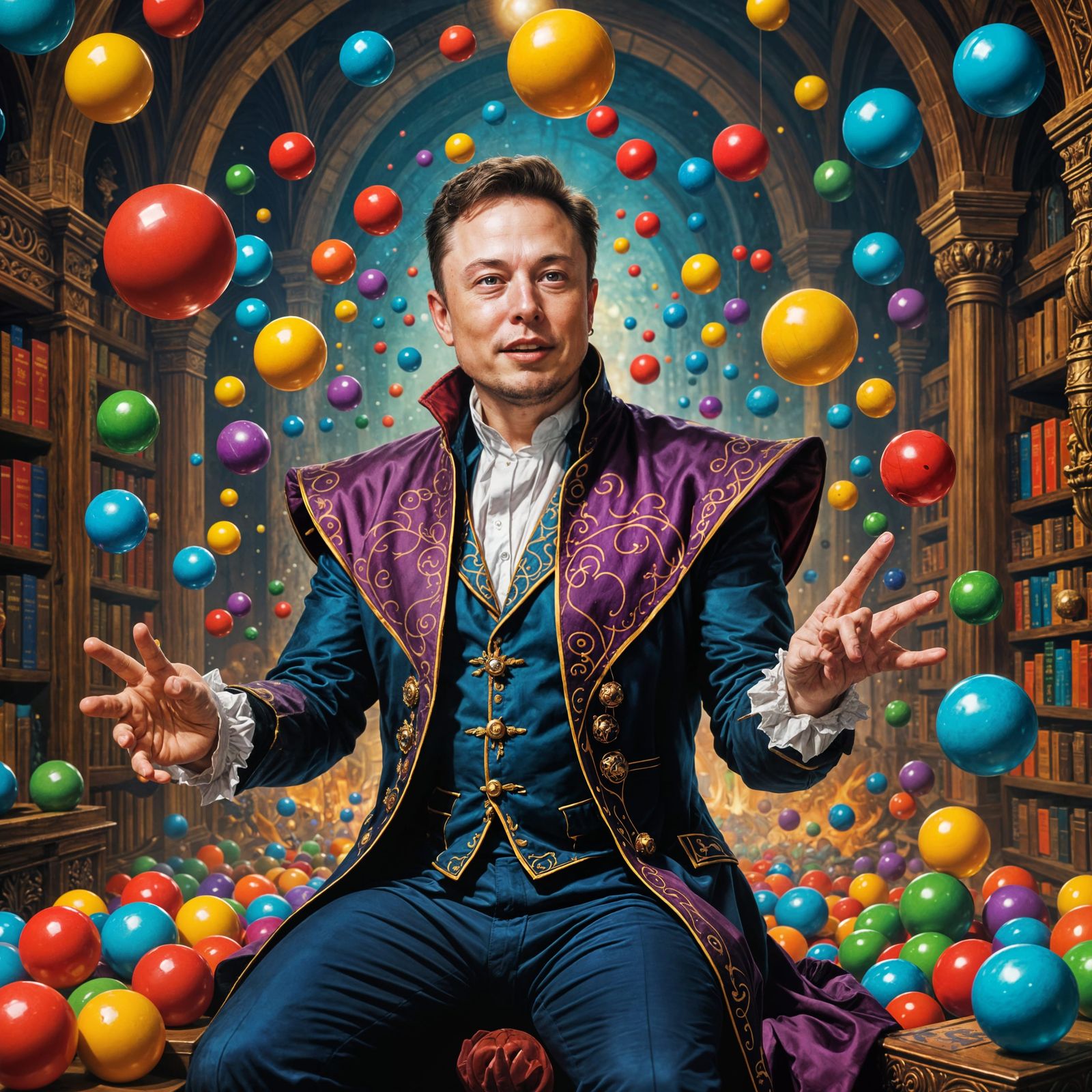Elon Musk as a Jester in Dark Fantasy Book Illustration
