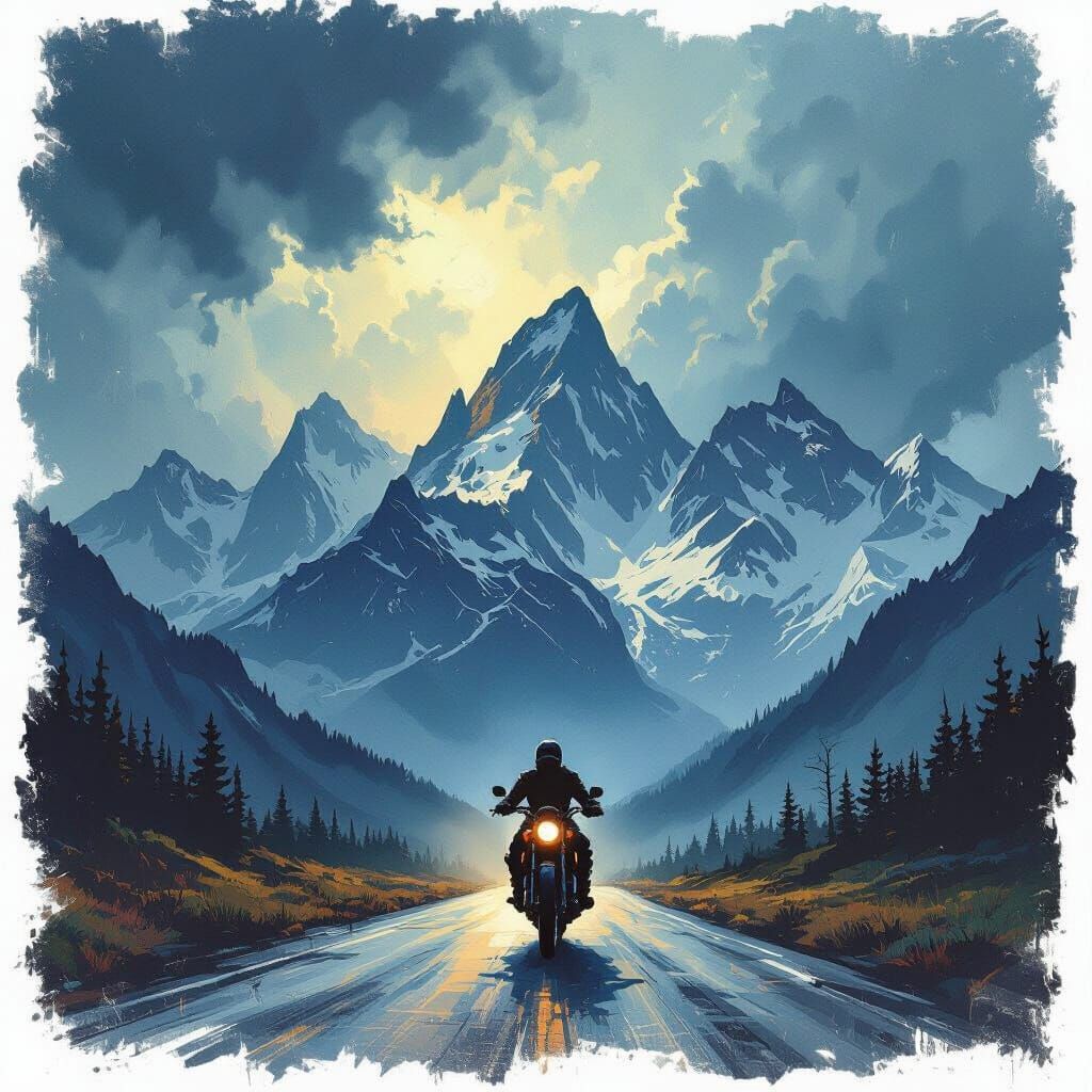 Lone Rider Against Stormy Peaks in Frazetta Style