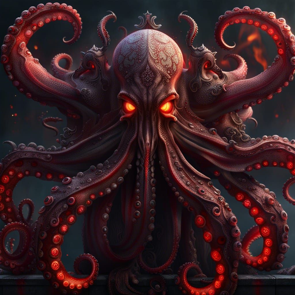 Terrifying Octopus with Sword Tentacles in Flames