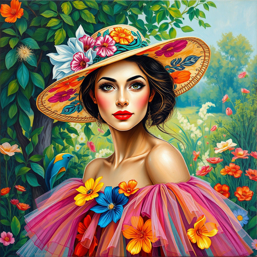 Woman in Floral Hat and Rainbow Dress, Neo-Impressionist Sty...