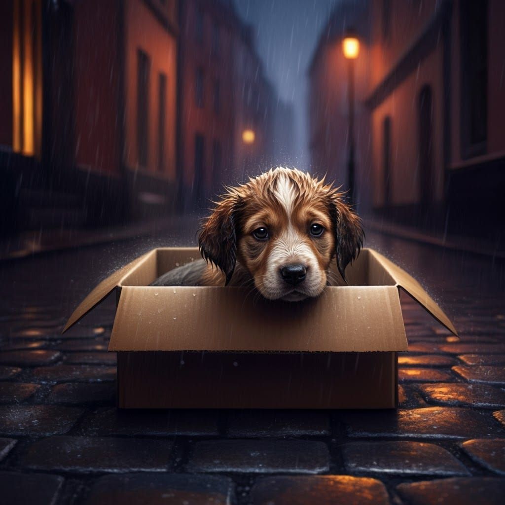 Puppy Seeks Shelter from Rain in Cobbled Street