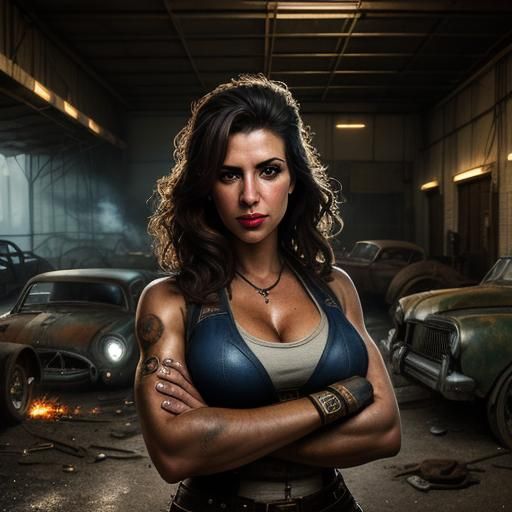 Steampunk Mechanic Girl in Garage at Twilight