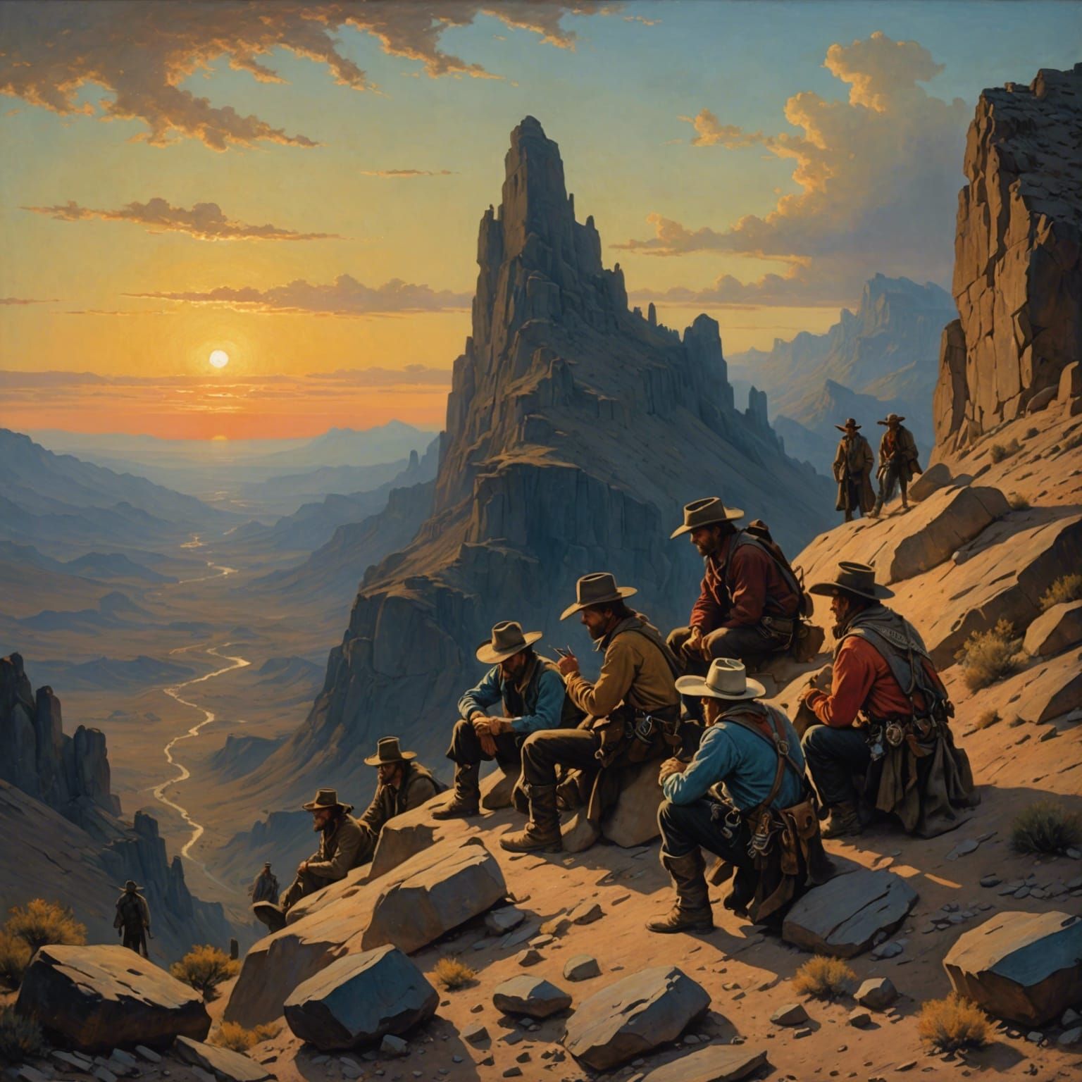 Cowboys Spying on Caravan as Oil Painting