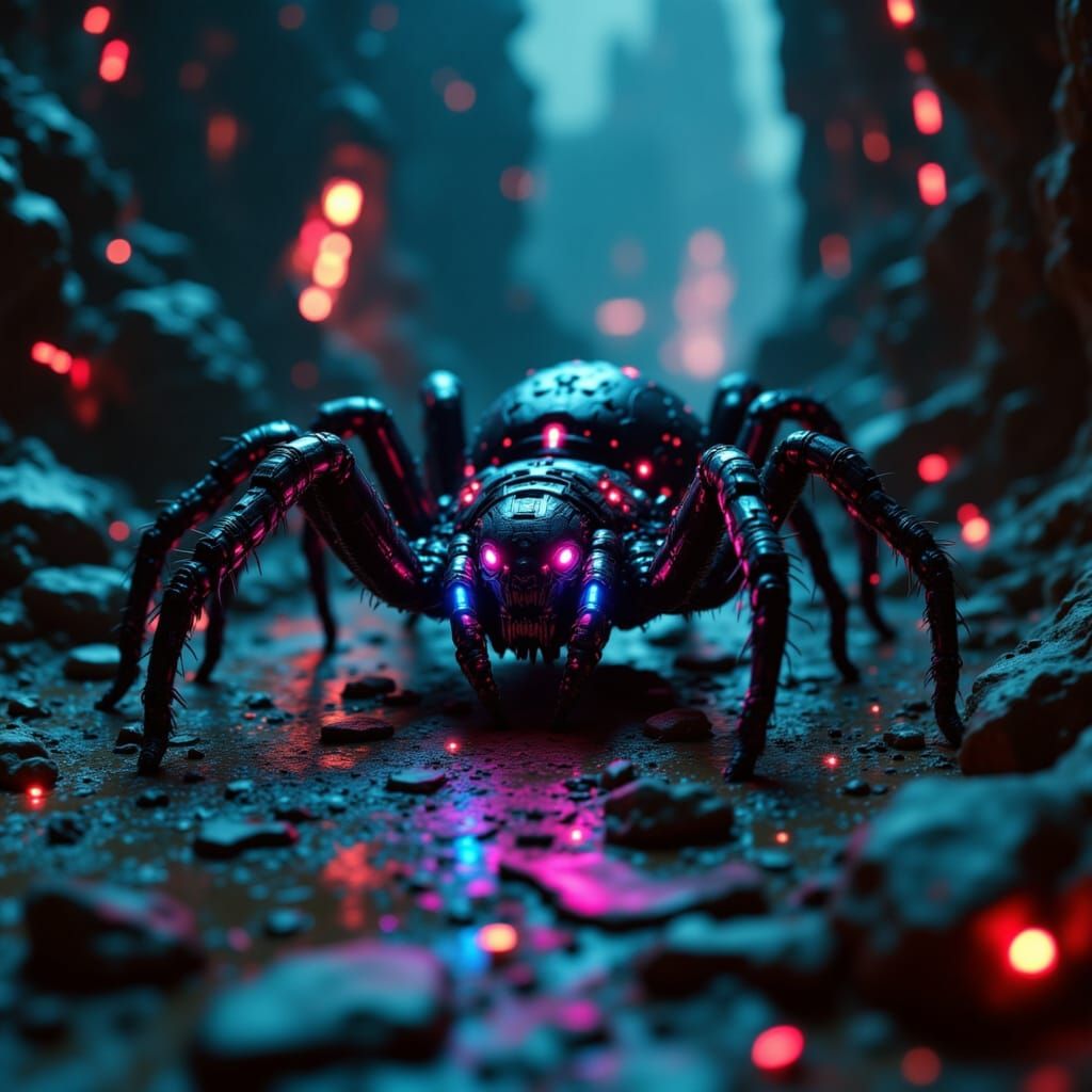 Cyberpunk Tarantula with Metallic Exoskeleton in Dark Cave