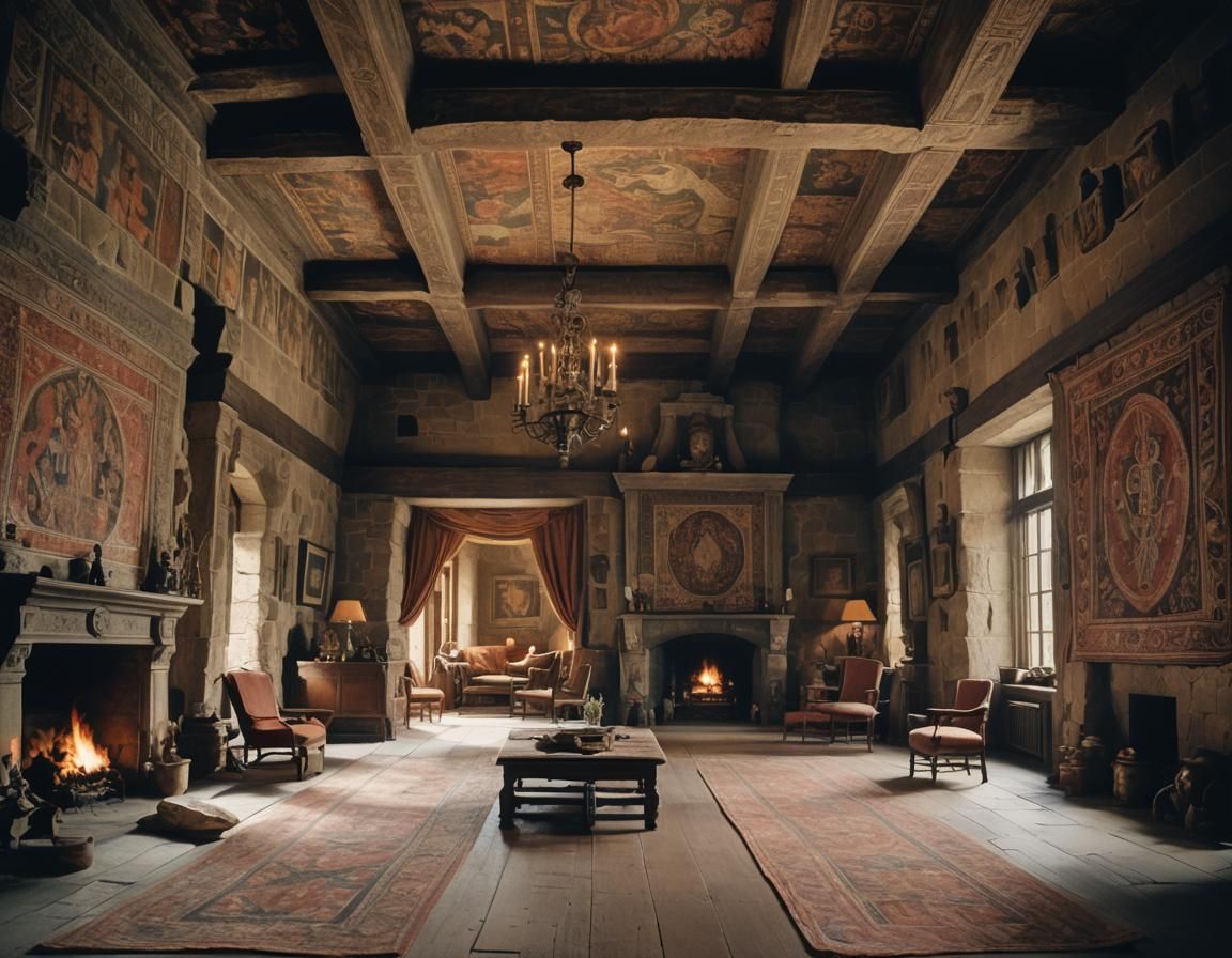 Magical Ancient Hall Interior with Tapestries