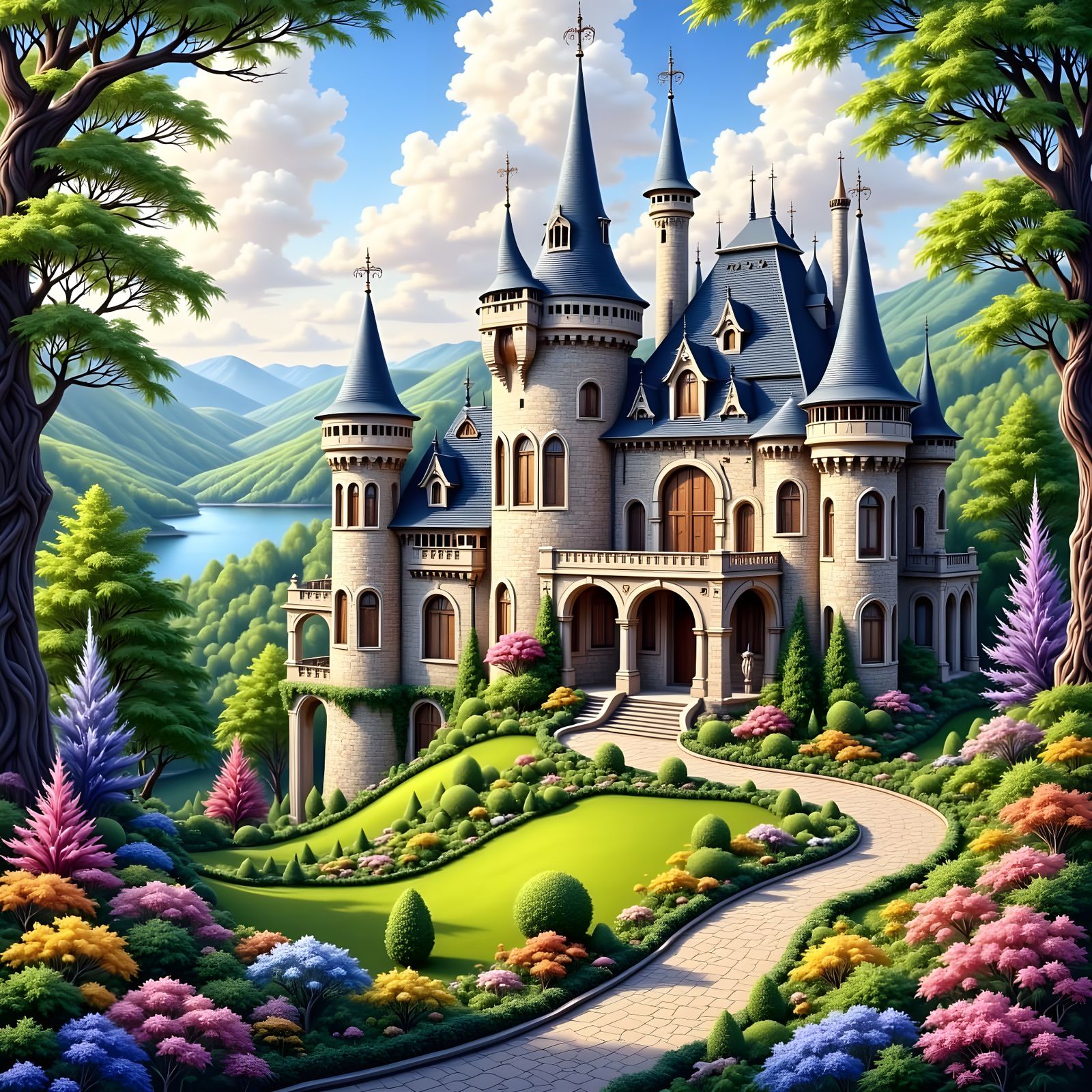 Elegant Castle Mansion in a Lush Garden Setting