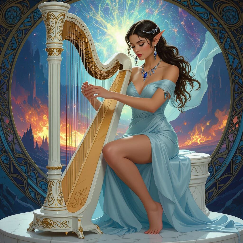 Elf Muse Harpist in Blue Silk Amidst War Chaos