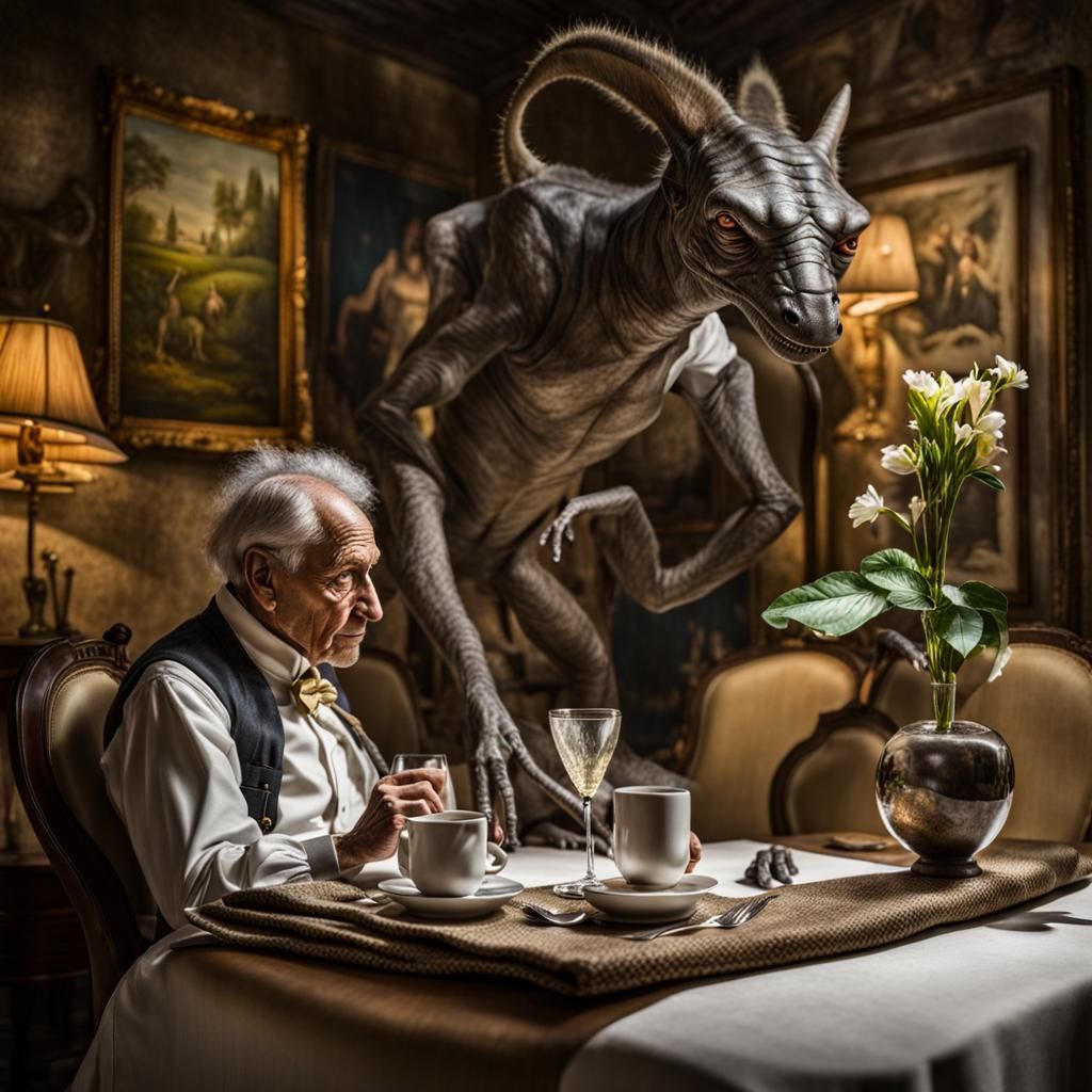 Surreal Alien Restaurant Celebration in Dreamy Light