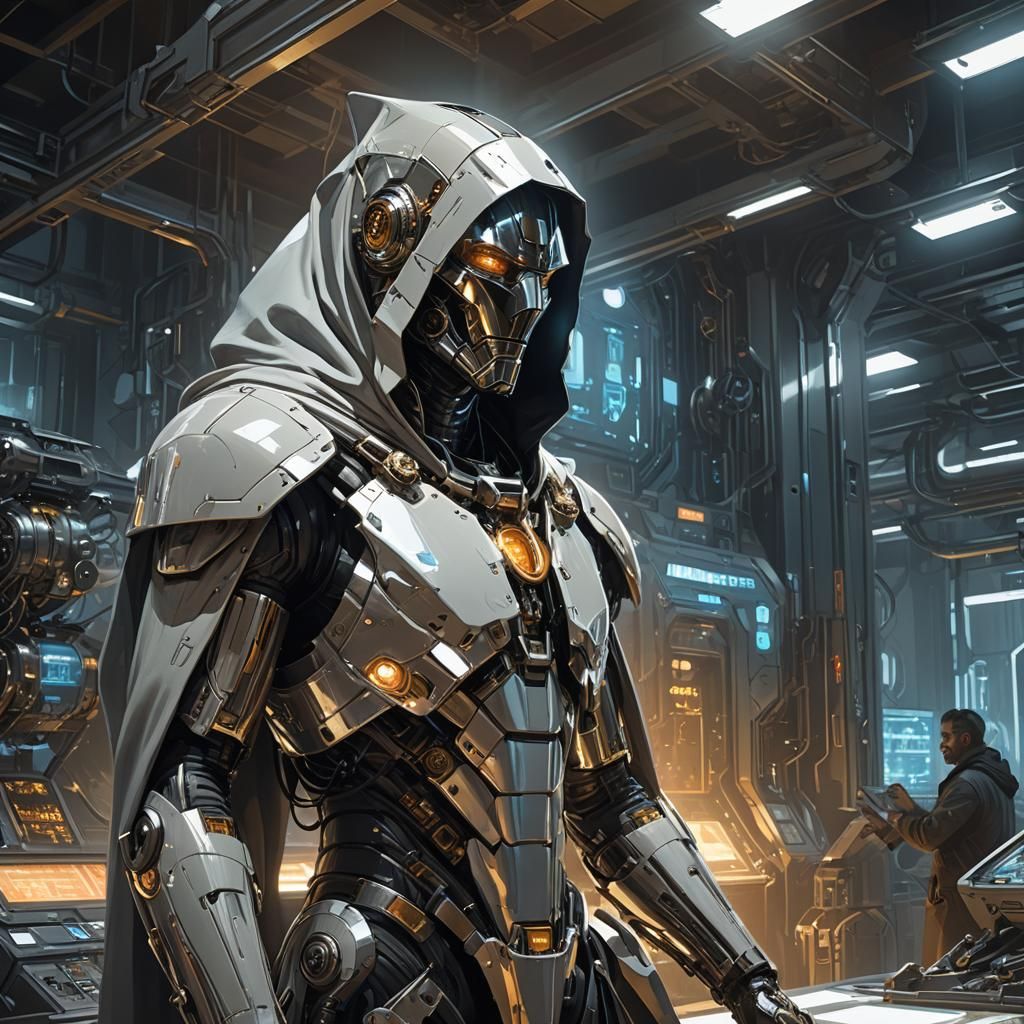 Cyborg Wizard Plots in Dimly Lit Laboratory