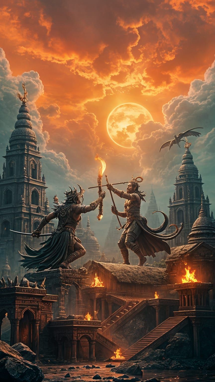Epic Battle Between God and Demon King in Matte Painting