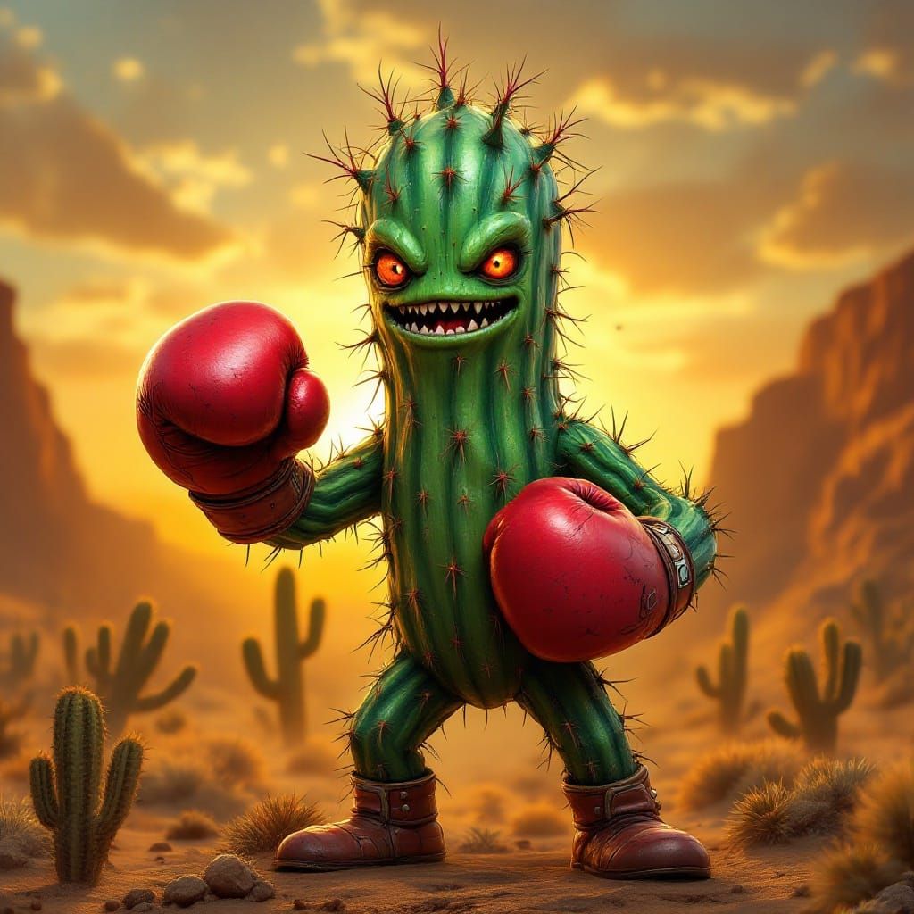Majestic Cactus Boxer Defies Sunset Desert Landscape