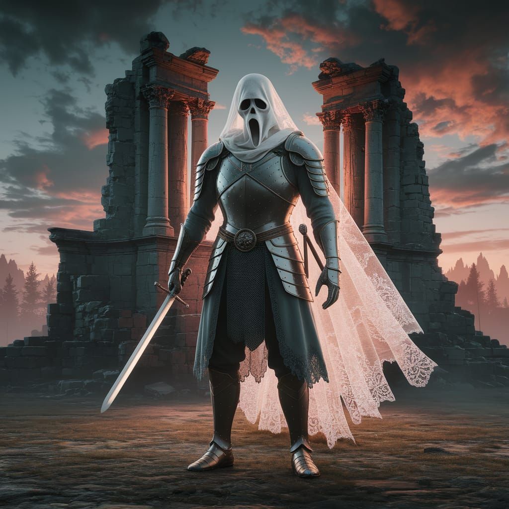 Ghostly Warrior in Armor with Sword in Ruins