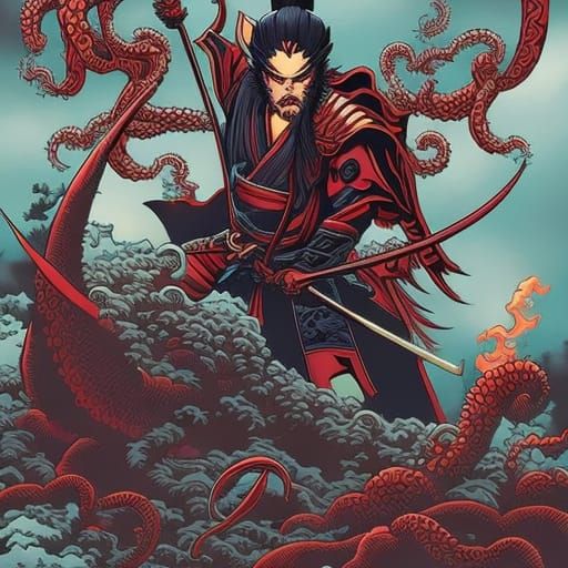 Octopus Samurai in Hokusai Style Comic Art