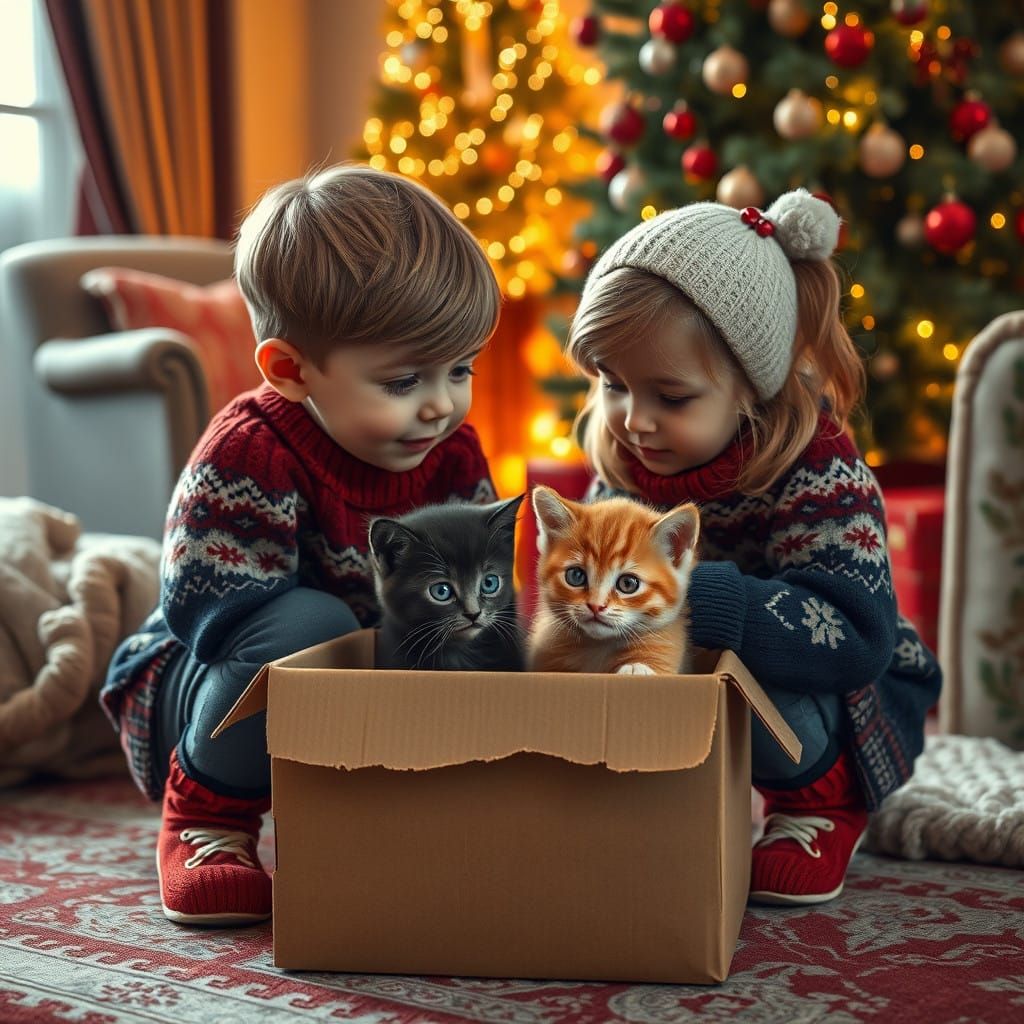 Children and Kittens Embrace in Cozy Christmas Scene