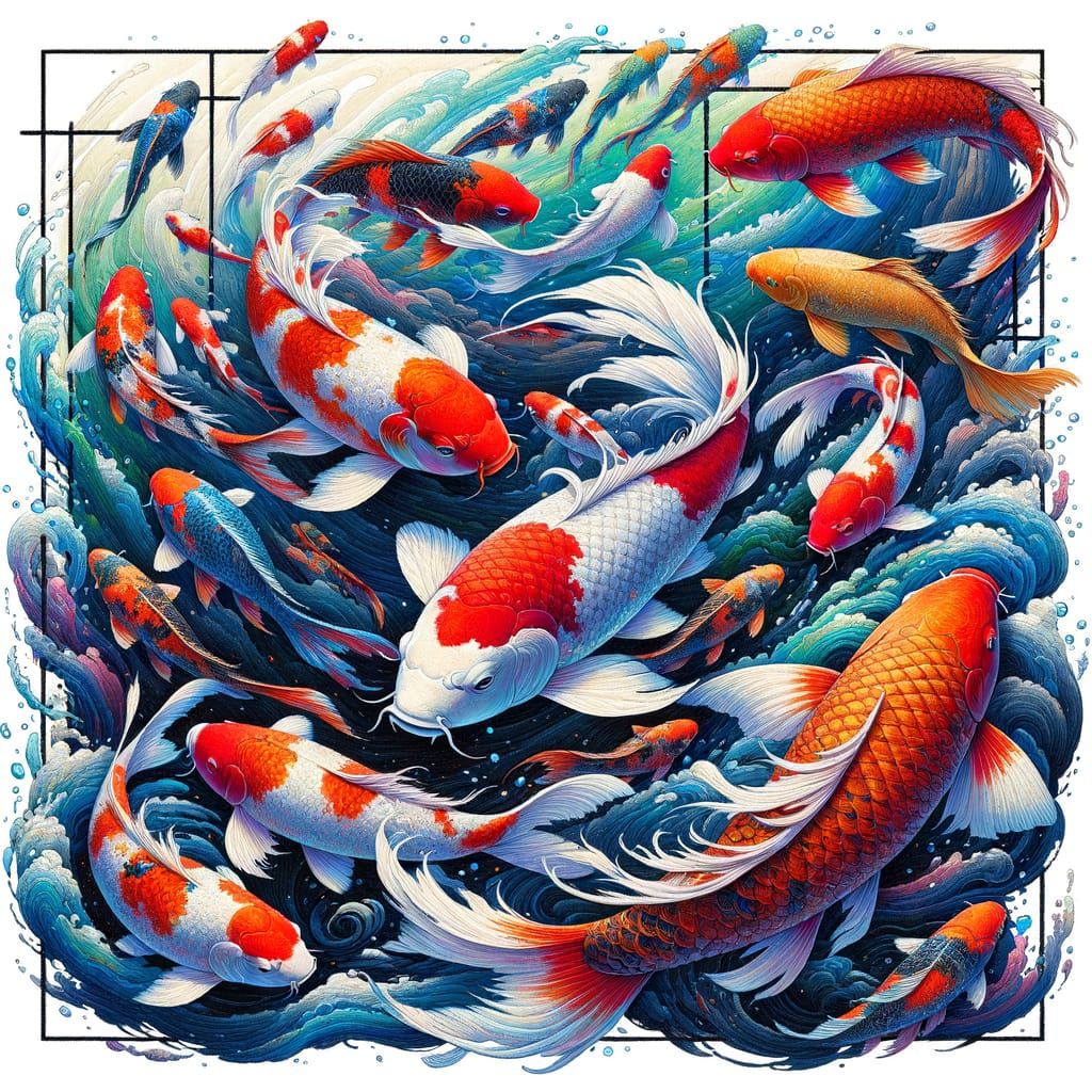 Chinese-Style Koi Fish Scene in Vibrant Hues Within a Border
