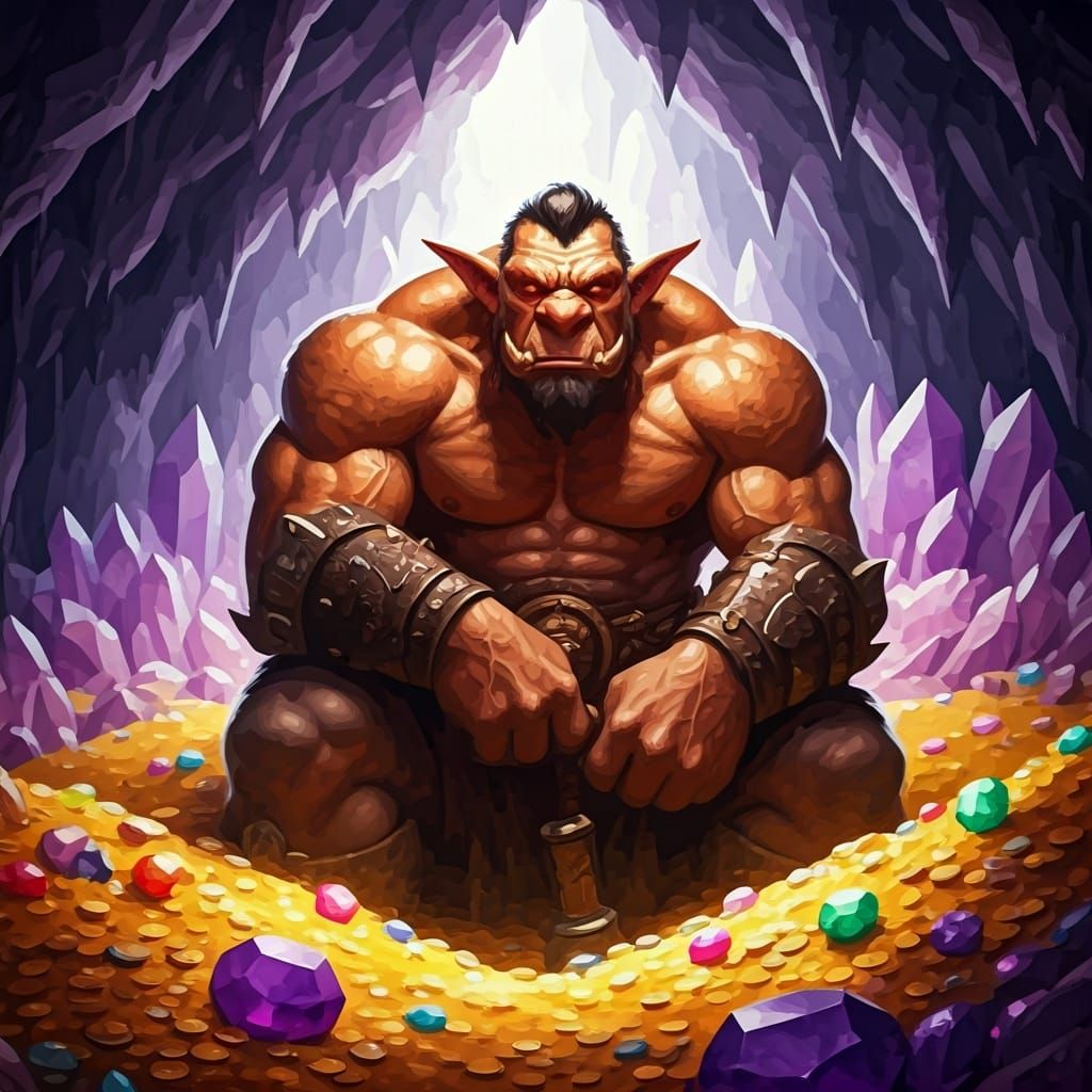 Intimidating Troll on Gem Hoard: Gouache Watercolor Art