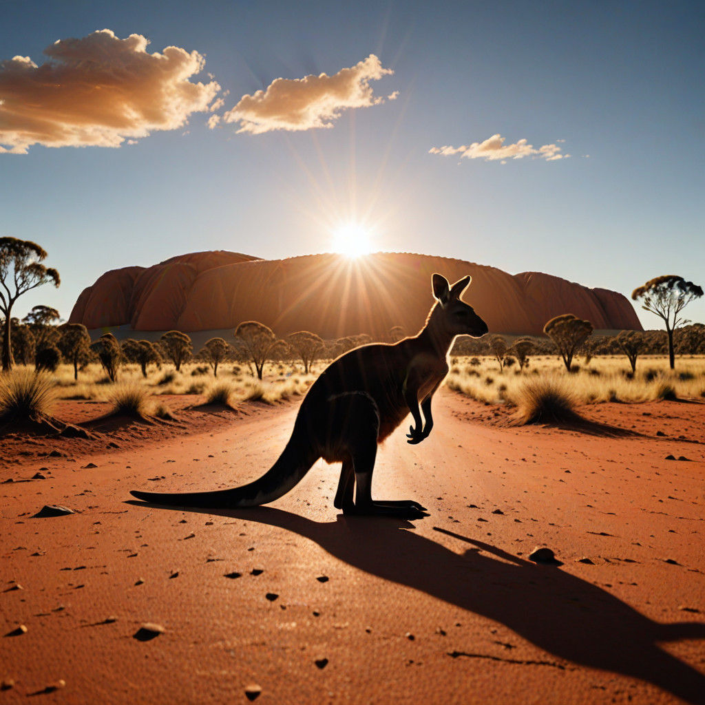 Surreal Australian Outback Landscape with Kangaroo Silhouett...