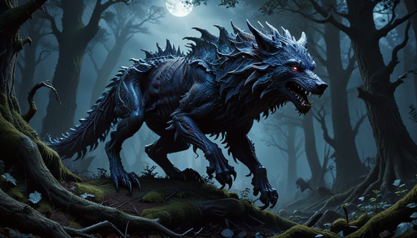 Wolf Dragon Hybrid in Dark Fantasy Landscape