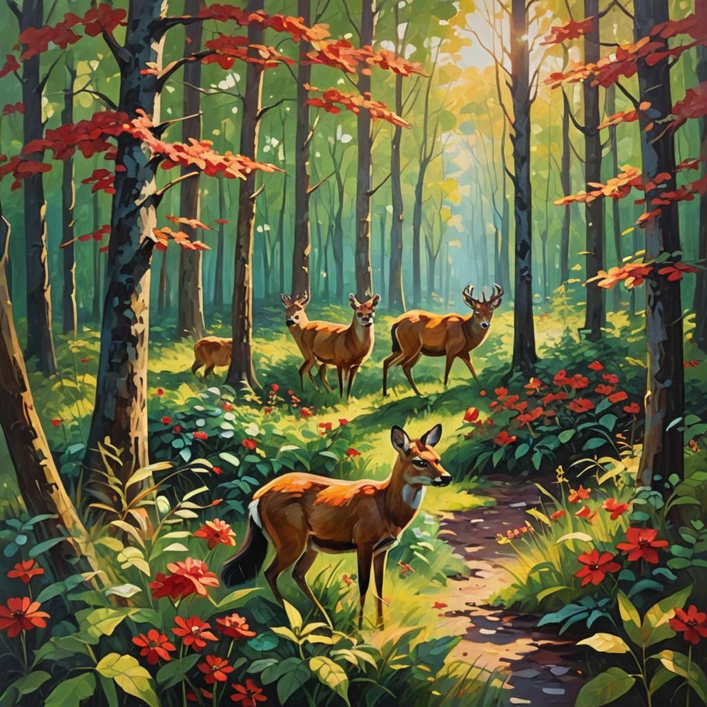 Forest Animals in Bloom: Impressionist Oil Painting