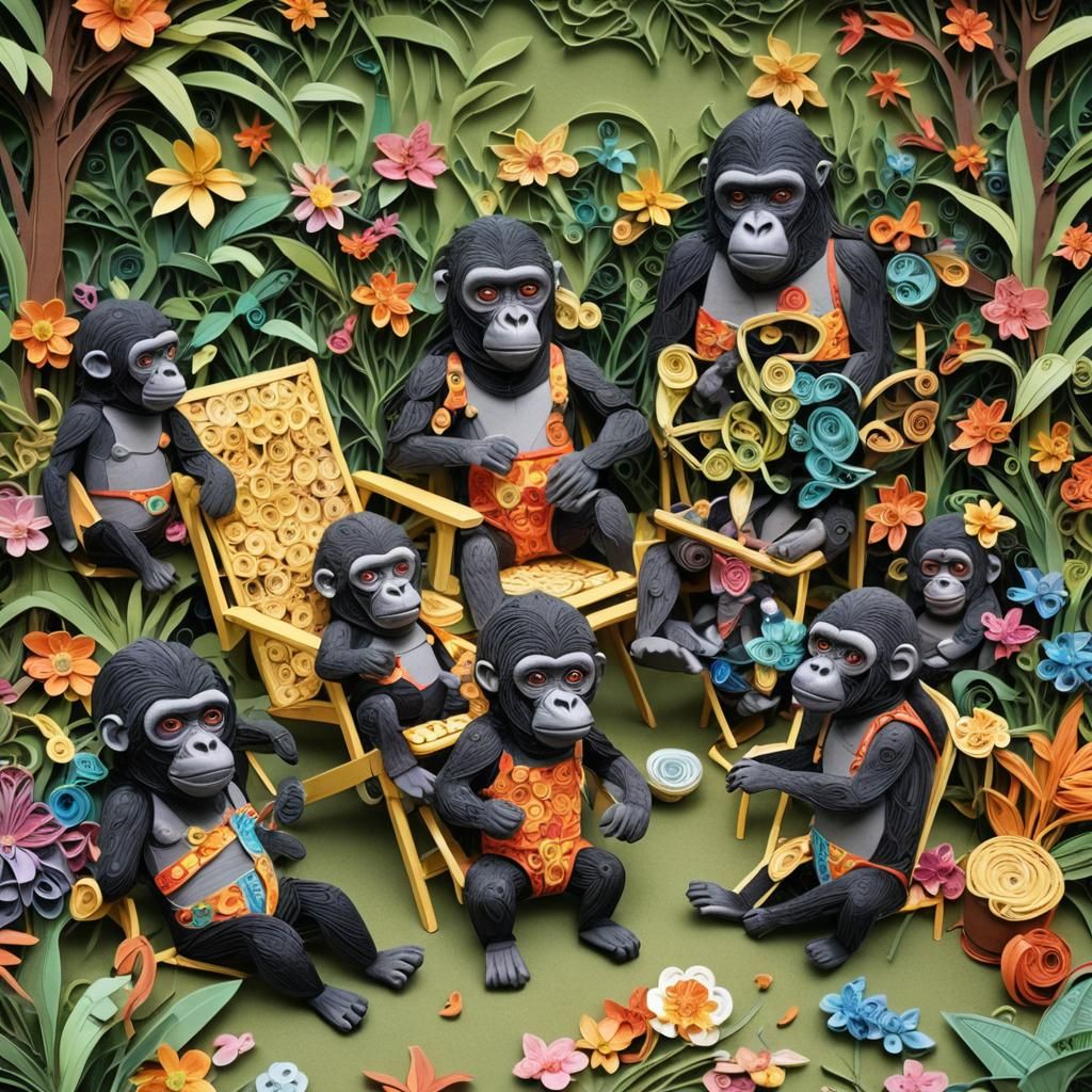 Fantasy Art, Gorillas with Bathing Suits on, Paper Quilling