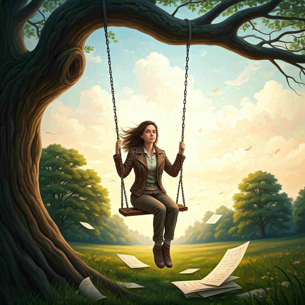 Mathematician on Swing in Dreamy Chagall Landscape