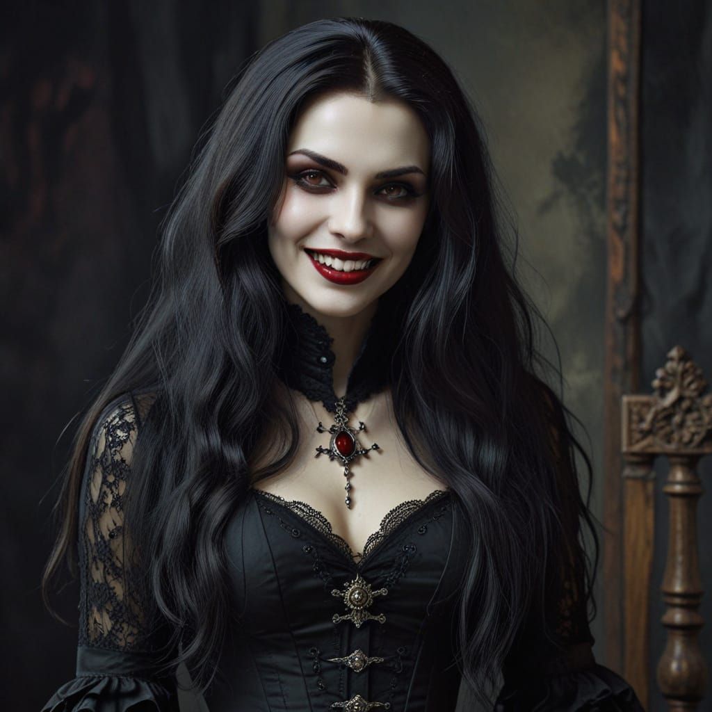 Ethereal Gothic Vampire Maiden with Long Hair and Antique Ca...