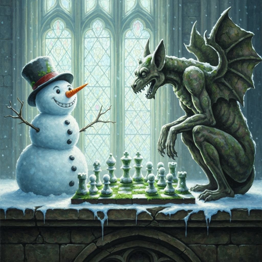 A snowman playing chess with a gargoyle