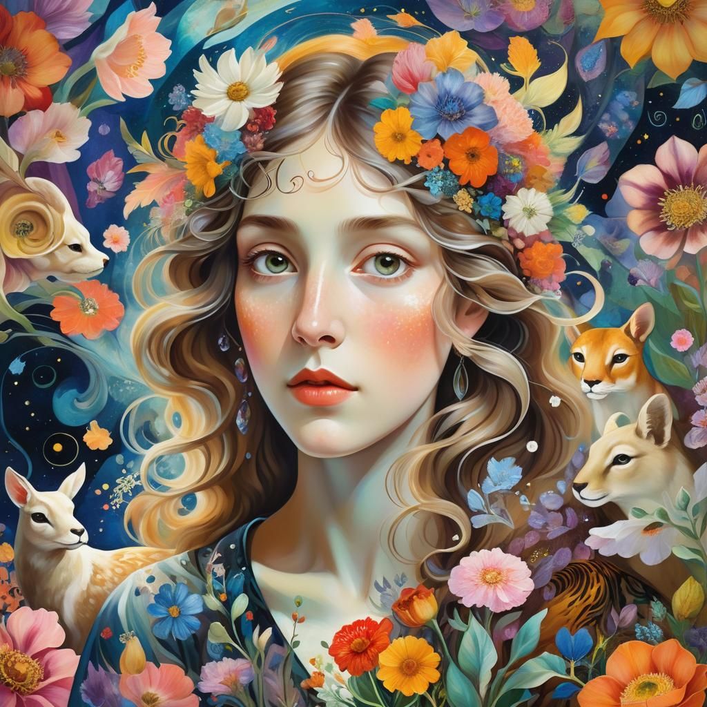 Neo-Impressionist Portrait of Mystical Woman with Flowers