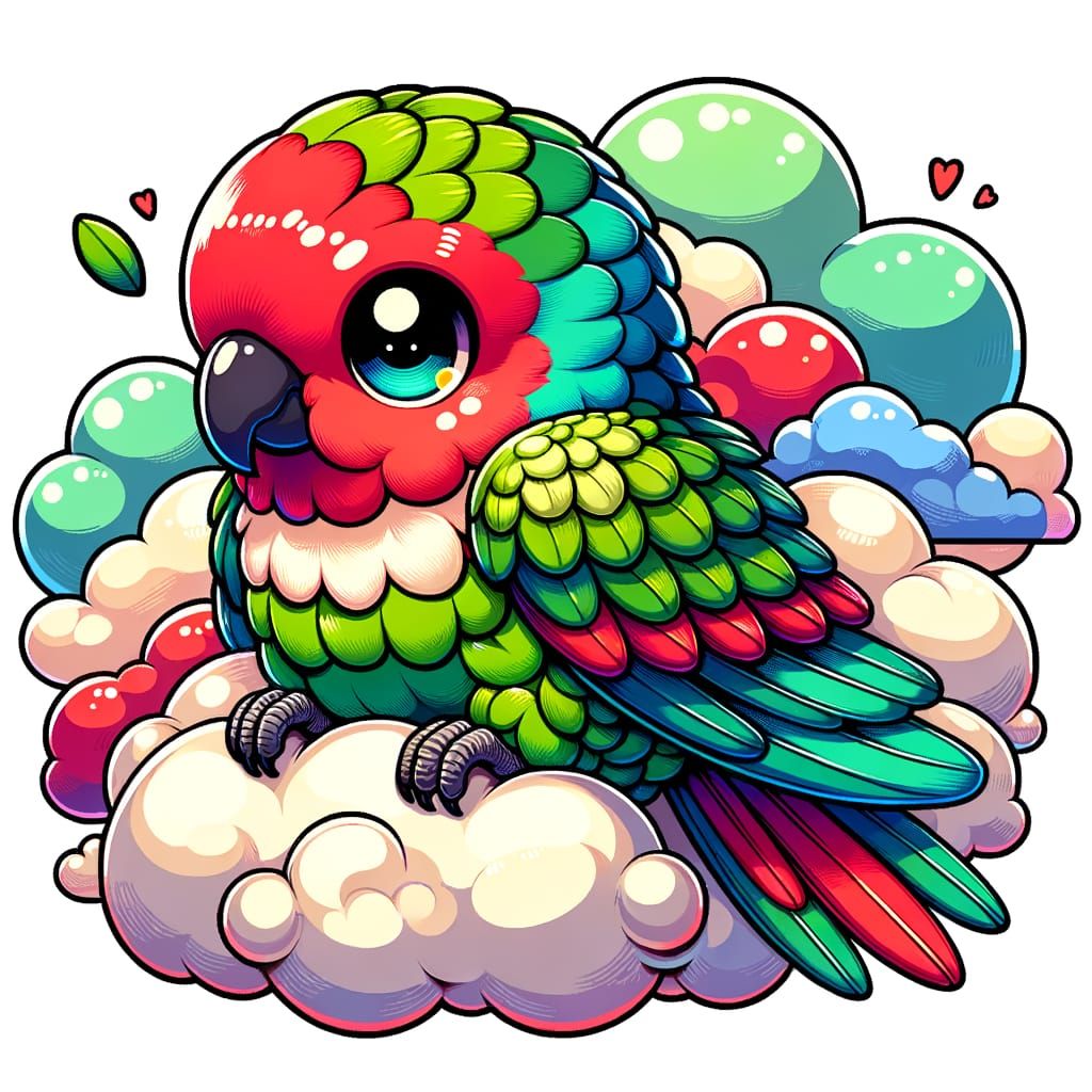 Chibi Green-Cheeked Conure Soars Among Vibrant Clouds in Vec...