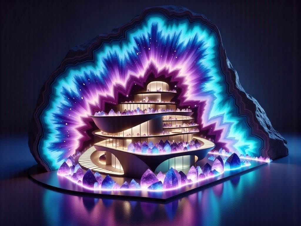 Holographic Geode House in Cyberpunk Style