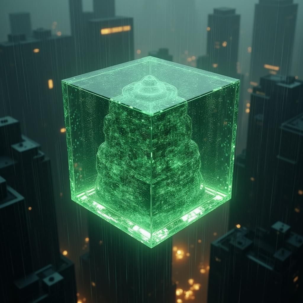 Crystalline Cube with Emerald Matrix in Cyberpunk Cityscape