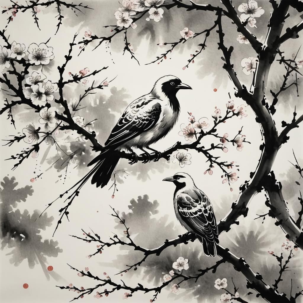 Sumi-e: Sakura Branch and Bird in Black and White
