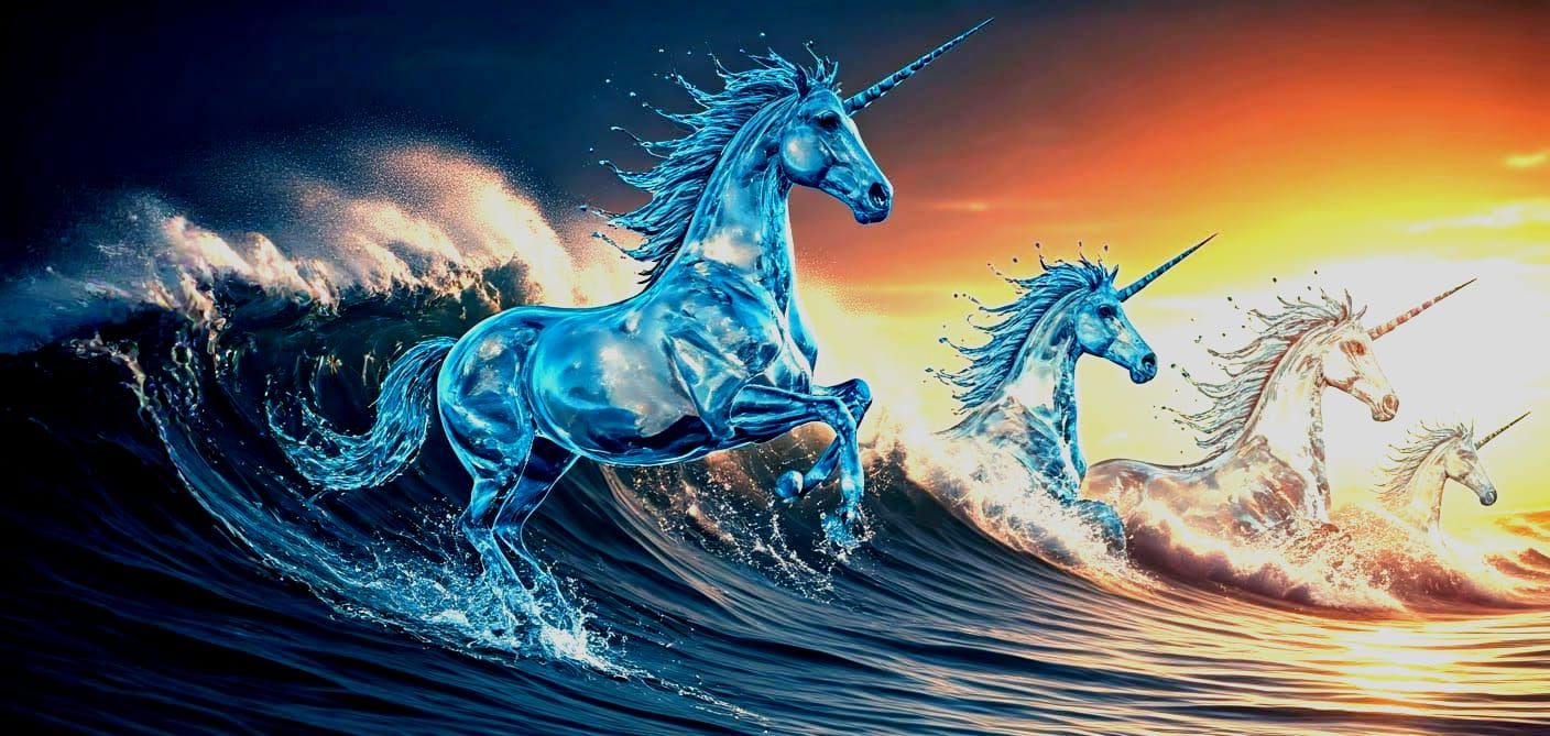 Water Unicorns Leap Through Sunset Waves