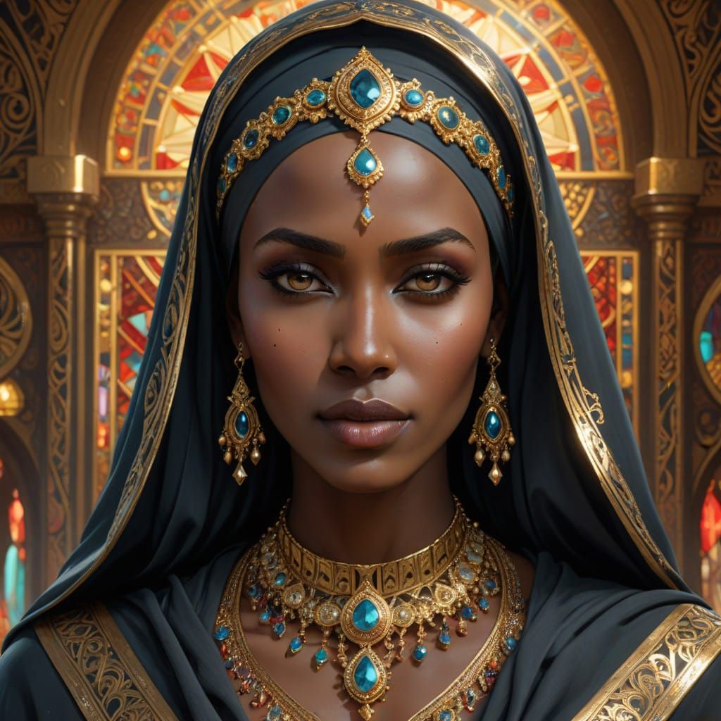 Somali Queen in Elegant Head and Shoulders Portrait, Adorned...