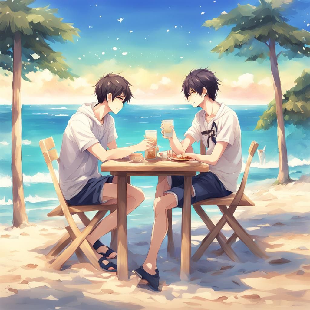 Cute Gay Couple on Beach Date in Anime Style