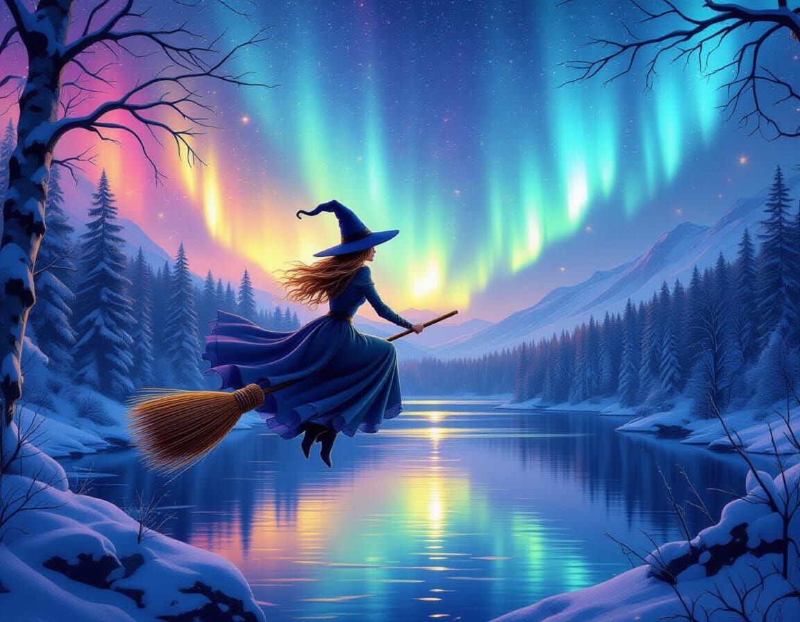 Witch Flying Over Magical Forest in Neon Aurora