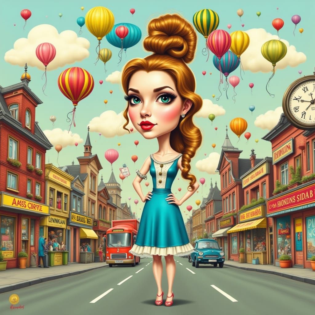Whimsical Woman Caricature in Surreal Cityscape