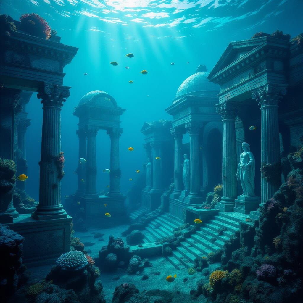 Ancient Underwater City Ruins in Soft Blue Light